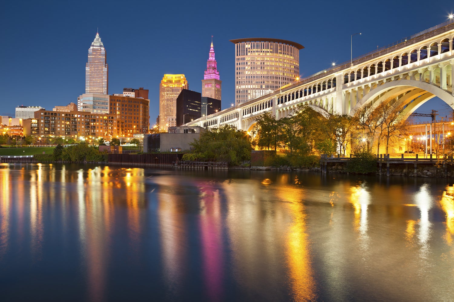 Cleveland. Image of Cleveland downtown at twilight blue hour