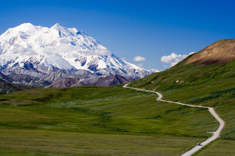 "Down the valley towards Denali on this beautiful day, with the (one) park road wending its way."
